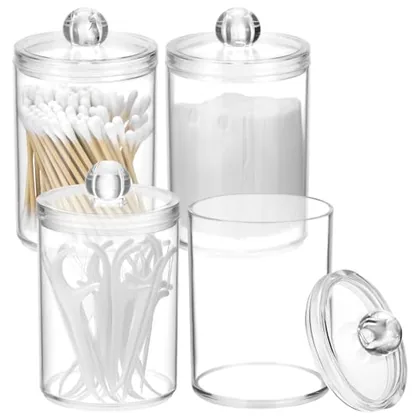 QWORK 4 Pack Clear Plastic Cotton Bud Holders with Lids