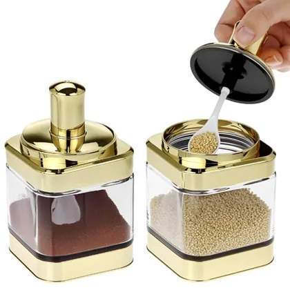 QWORK 2 Pack Glass Spice Jars with Gold Lids and Spoons
